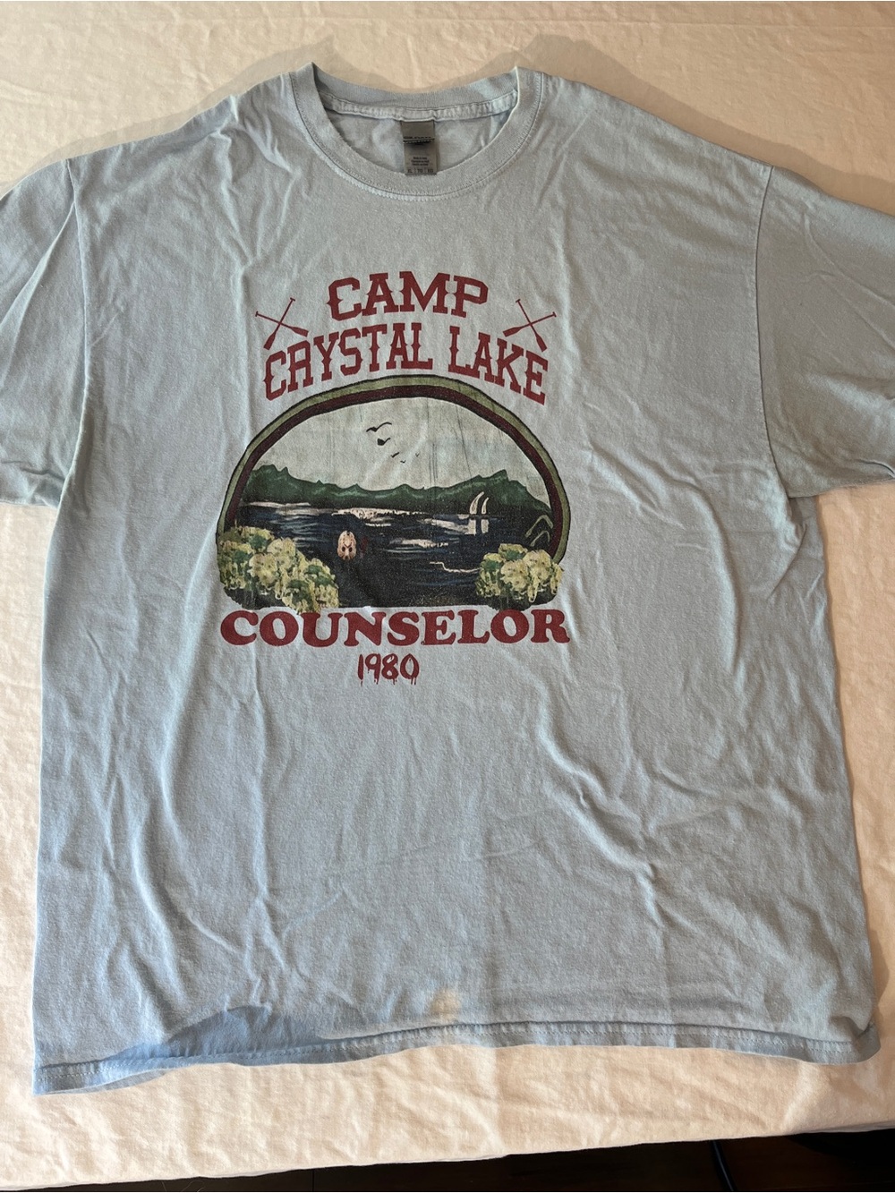 Gildan Light Grey Camp Crystal Lake Counselor Tee with Red Graphic